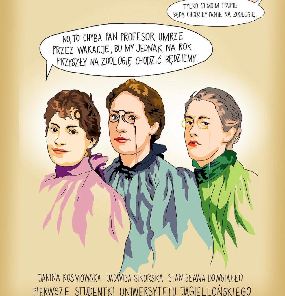 Grafika z książki "Brakująca połowa dziejów", na beżowym tle rysunek przedstawiający trzy kobiety, z podpisem "pierwsze studentki uniwersytetu jagiellońskiego"