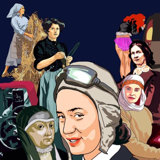 grafika przedstawiająca różne kobiety na granatowym tle, obraz z okładki książki "brakująca połowa dziejów"