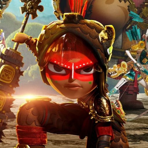 Fragment plakatu promującego serial, na pierwszym planie wojowniczka Maya w tradycyjnym makijażu Teków