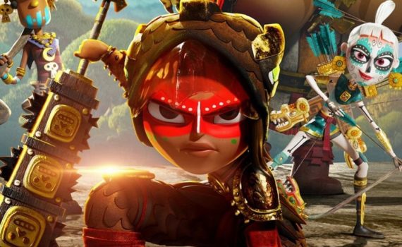 Fragment plakatu promującego serial, na pierwszym planie wojowniczka Maya w tradycyjnym makijażu Teków