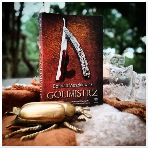 na zdjęciu znajduje się książka Golimistrz przed nią złota figurka żuka a wokół szklane figurki sówek