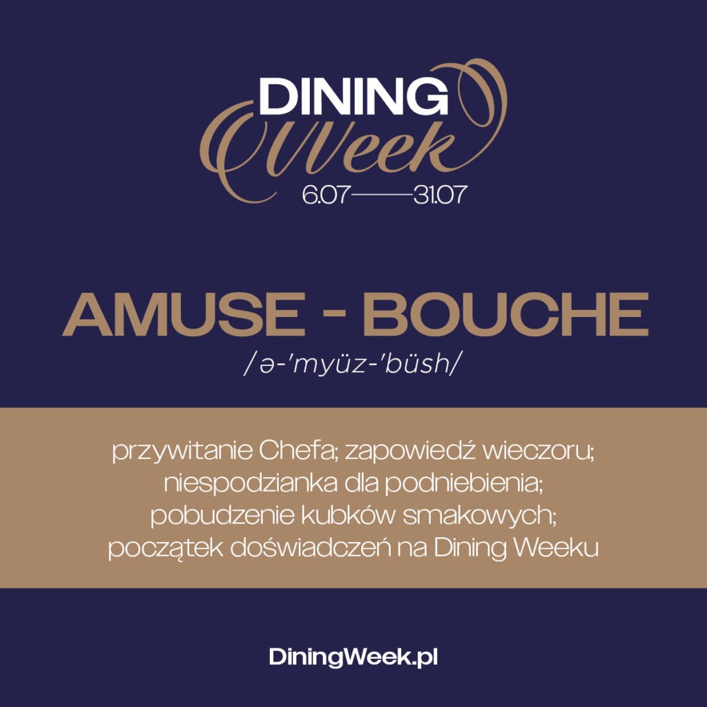 Poster fine dining week z wyjaśnieniem terminy amuse-bouche, całość na granatowym tle z biało złotymi napisami