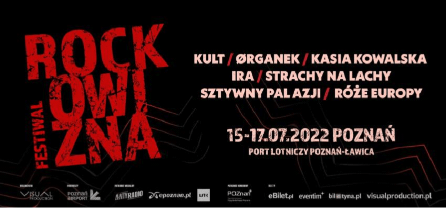 plakat festiwalu "Rockowizna" odbywającego się w Poznaniu - biała i czerwona czcionka na białym tle