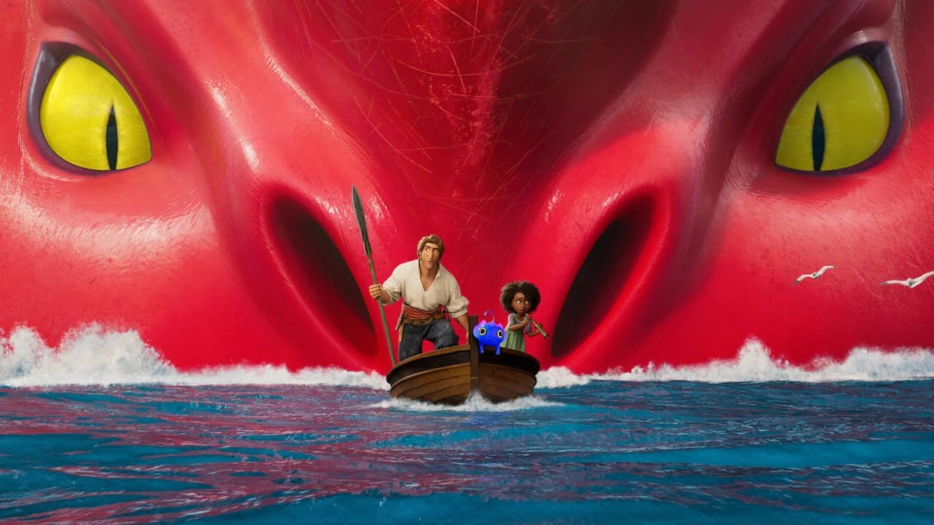 Czerwona morska bestia w tle, a z przodu łódka z Jacobem i Maisie.