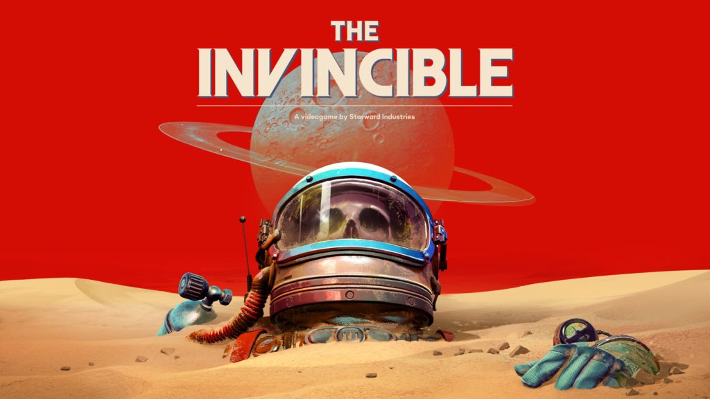 Oficjalna grafika gry „The Invincible”. W centralnej części znajduje ciało kosmonauty zakopane do szyi w piasku. W tle znajduje się czerwone niebo z planetą przypominjącą Saturn.