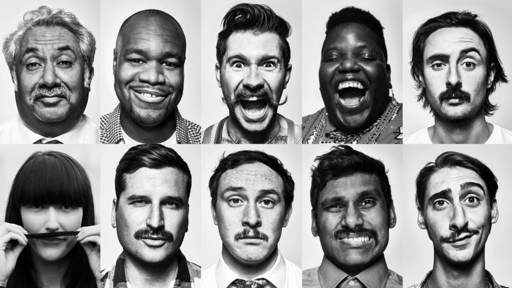 Zdjęcie przedstawiające mężczyzn z wąsami i kobiety wspierające akcję Movember, kolaż pochodzi z oficjalnej strony fundacji