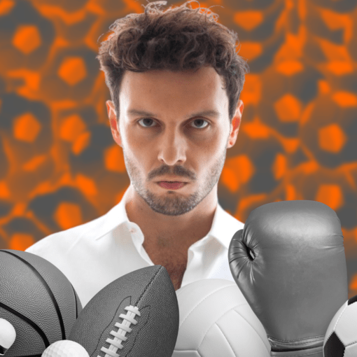 Kolaż przedstawiający Kamila Błocha i sportowe atrybuty kojarzone z męskością