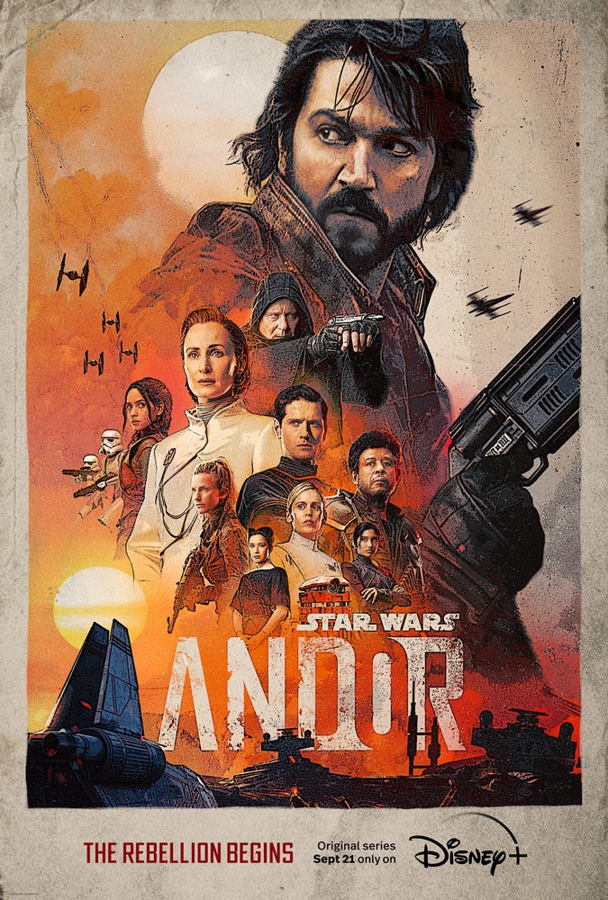 Oficjalny plakat serialu „Andor”. Prezentuje on różne postacie z serialu dla których wspólnym celem jest rebelia