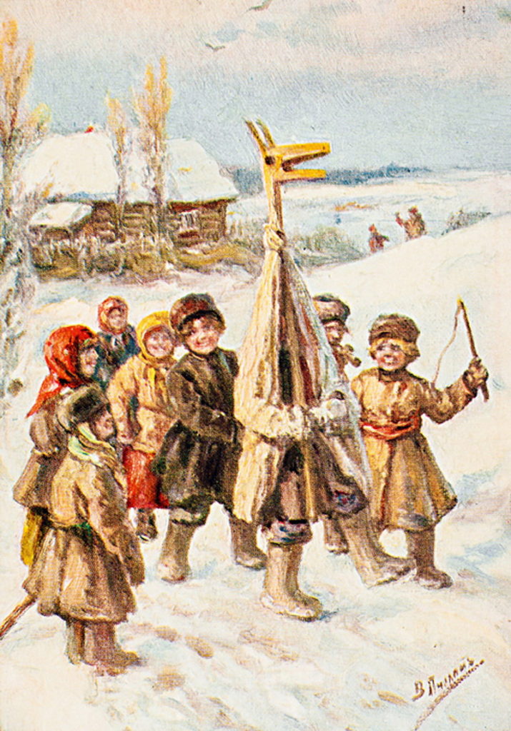 Kolędnicy — tradycja na boże narodzenie, obraz nawiązujący do rosyjskiej tradycji przedstawiający dzieci przebrane za różne postacie