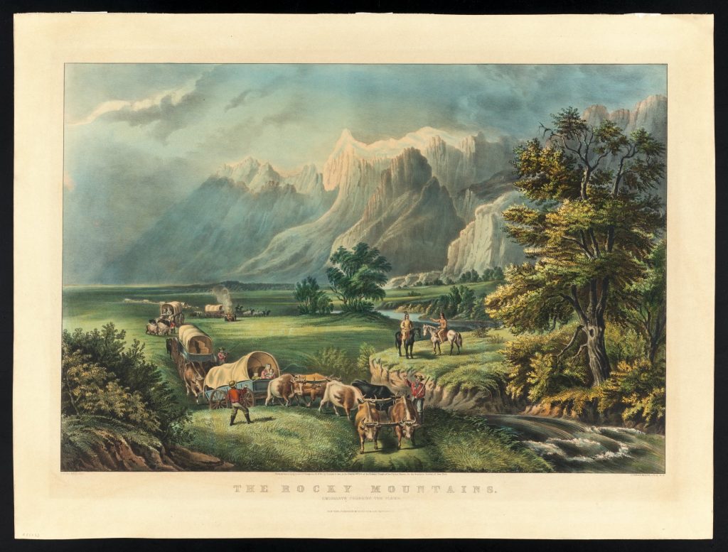 The Rocky Mountains: Emigrants Crossing the Plains, litografia autorstwa Currier & Ives (1866); źródło: gilcrease.org